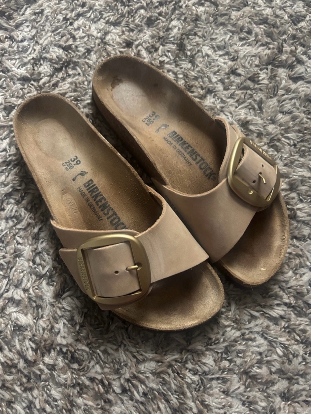 Birkenstock Madrid Big Buckle Sandals in Tan with Gold Buckles